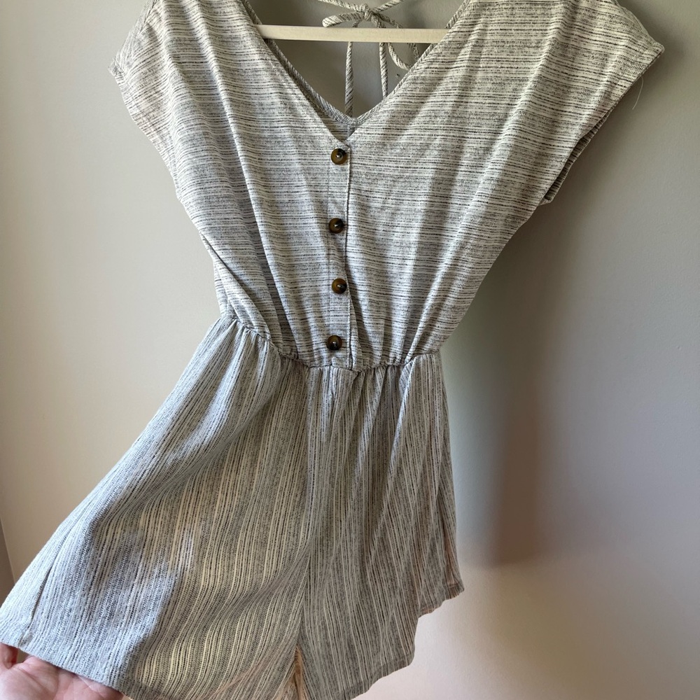 Caution To The Wind Gray Striped Jumpsuit